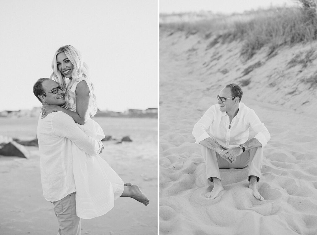 New Jersey beach engagement couple embracing with water view background