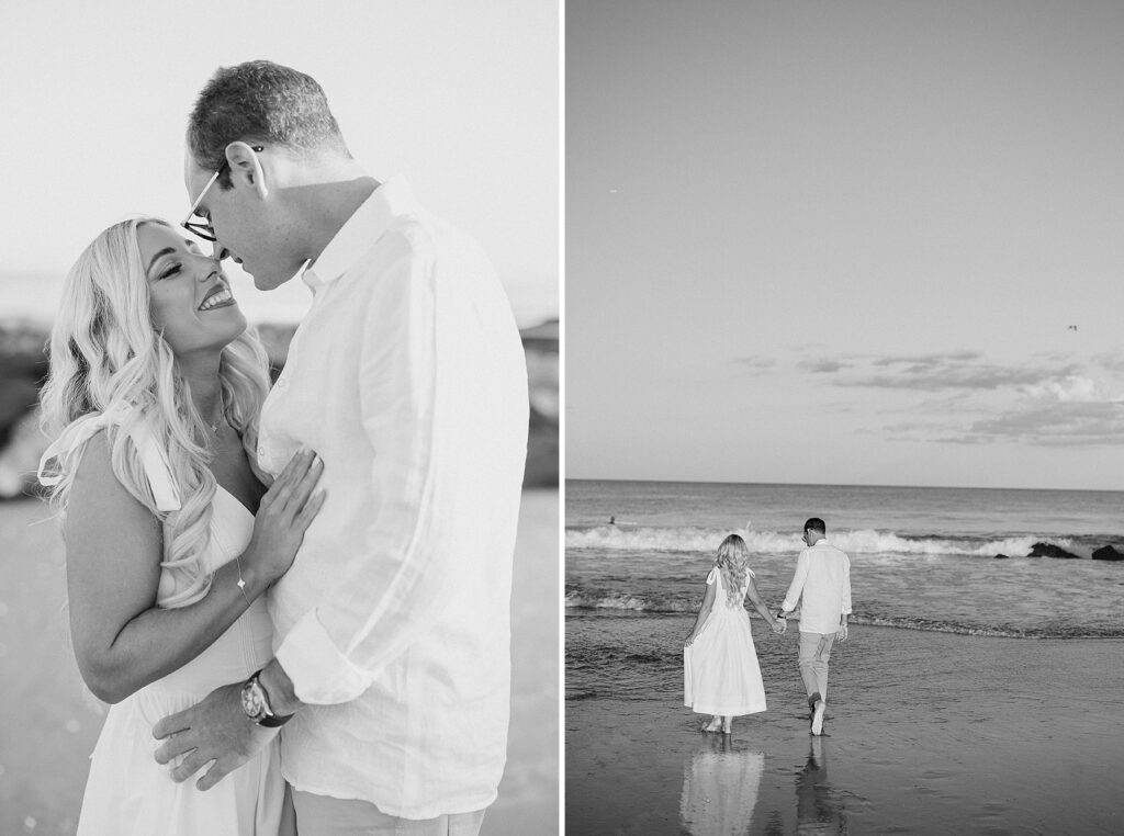 Spring Lake NJ engagement photos bride smiling on beach with fiancé