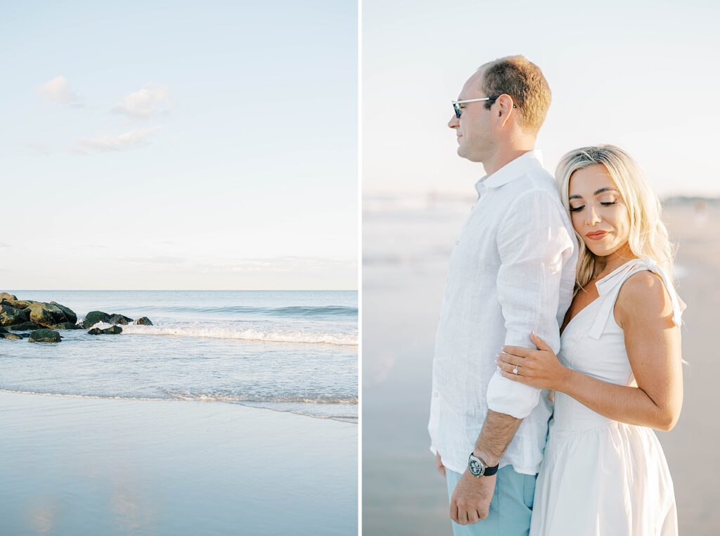 Sea Girt beach engagement photos couple dancing on sand at golden hour