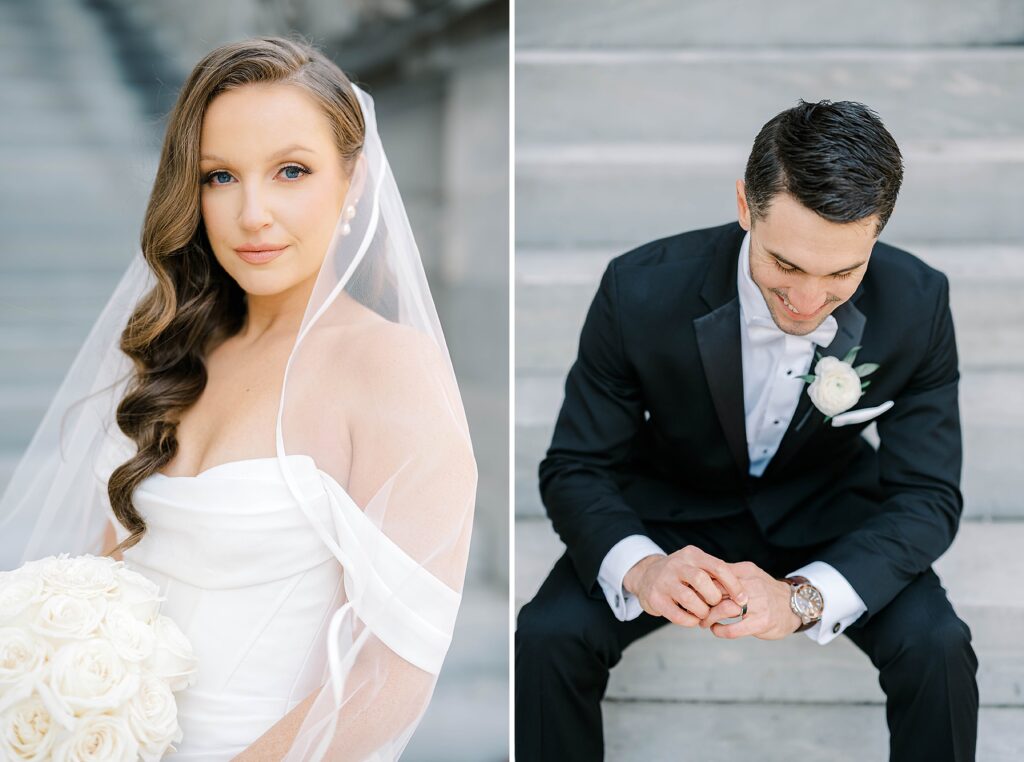 Bride and Groom Wedding Portraits before their Cescaphe Ballroom Wedding 