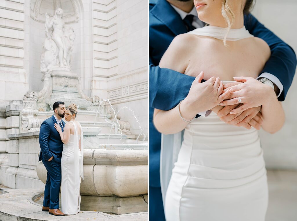 Editorial engagement portrait of Stefanie and Giovanni on the iconic New York Public Library steps against classic Beaux-Arts architecture.