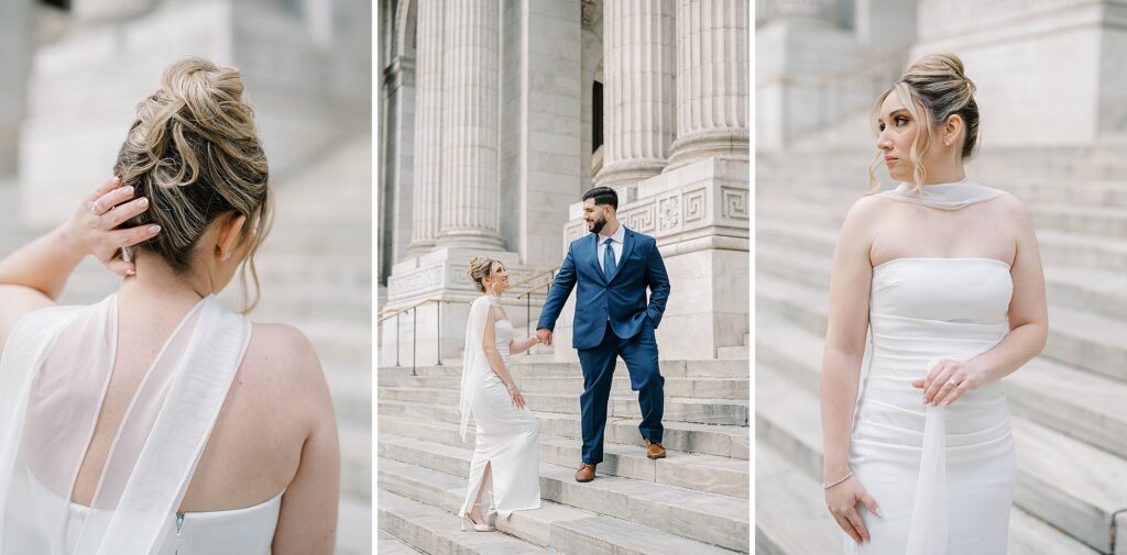 Stefanie in her romantic engagement gown with a timeless updo, framed by the ornate architecture of the New York Public Library.
