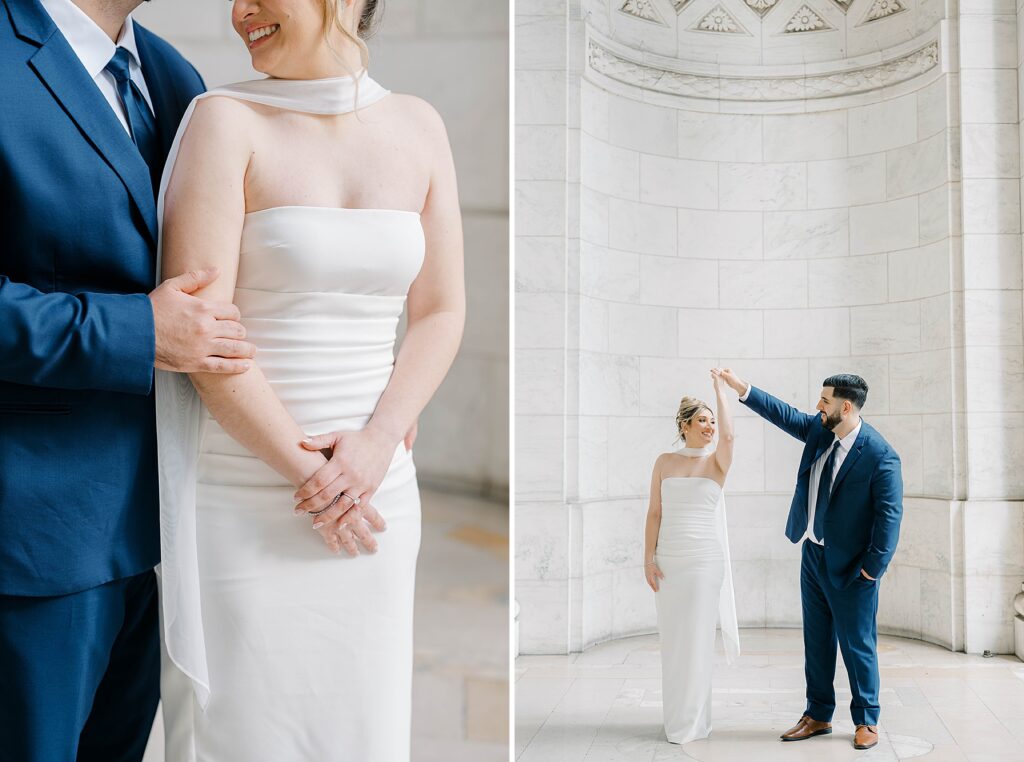 Close-up of Stefanie and Giovanni holding hands in front of the New York Public Library’s historic stone facade.