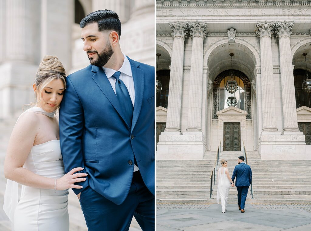 Stefanie leaning into Giovanni on the grand marble steps of the New York Public Library, NYC engagement portrait.