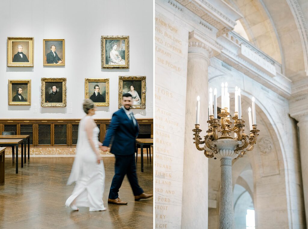 Close detail of Stefanie’s engagement ring held against the textured stone of New York Public Library architecture.