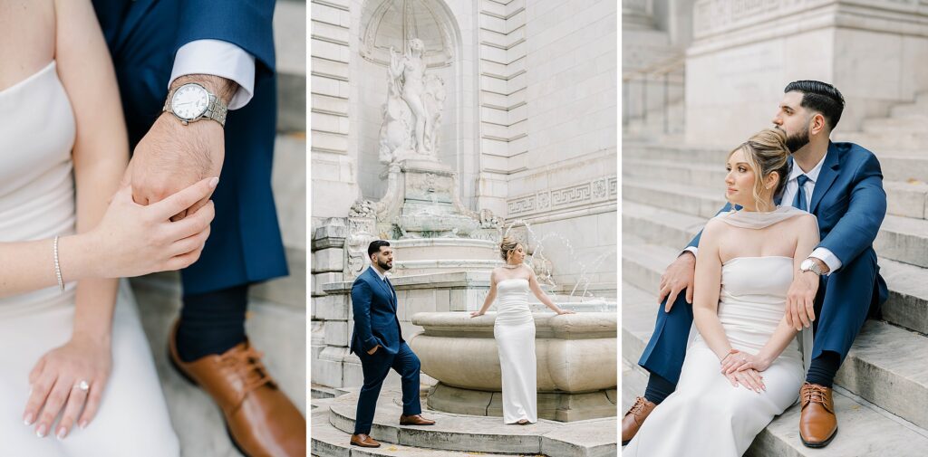 Editorial engagement portrait of Stefanie and Giovanni on the iconic New York Public Library steps against classic Beaux-Arts architecture.