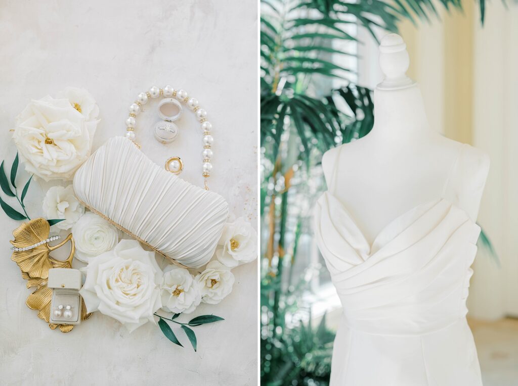 Bride's Mori Lee wedding dress hanging at New Jersey wedding venue