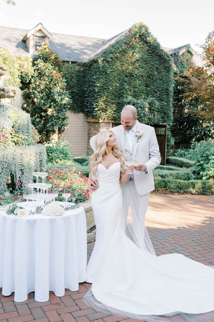Champagne tower at romantic New Jersey wedding The Ashford Estate